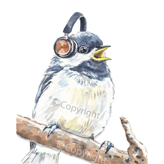 Watercolour painting of a black-capped chickadee bird wearing wireless headphones by Deidre Wicks