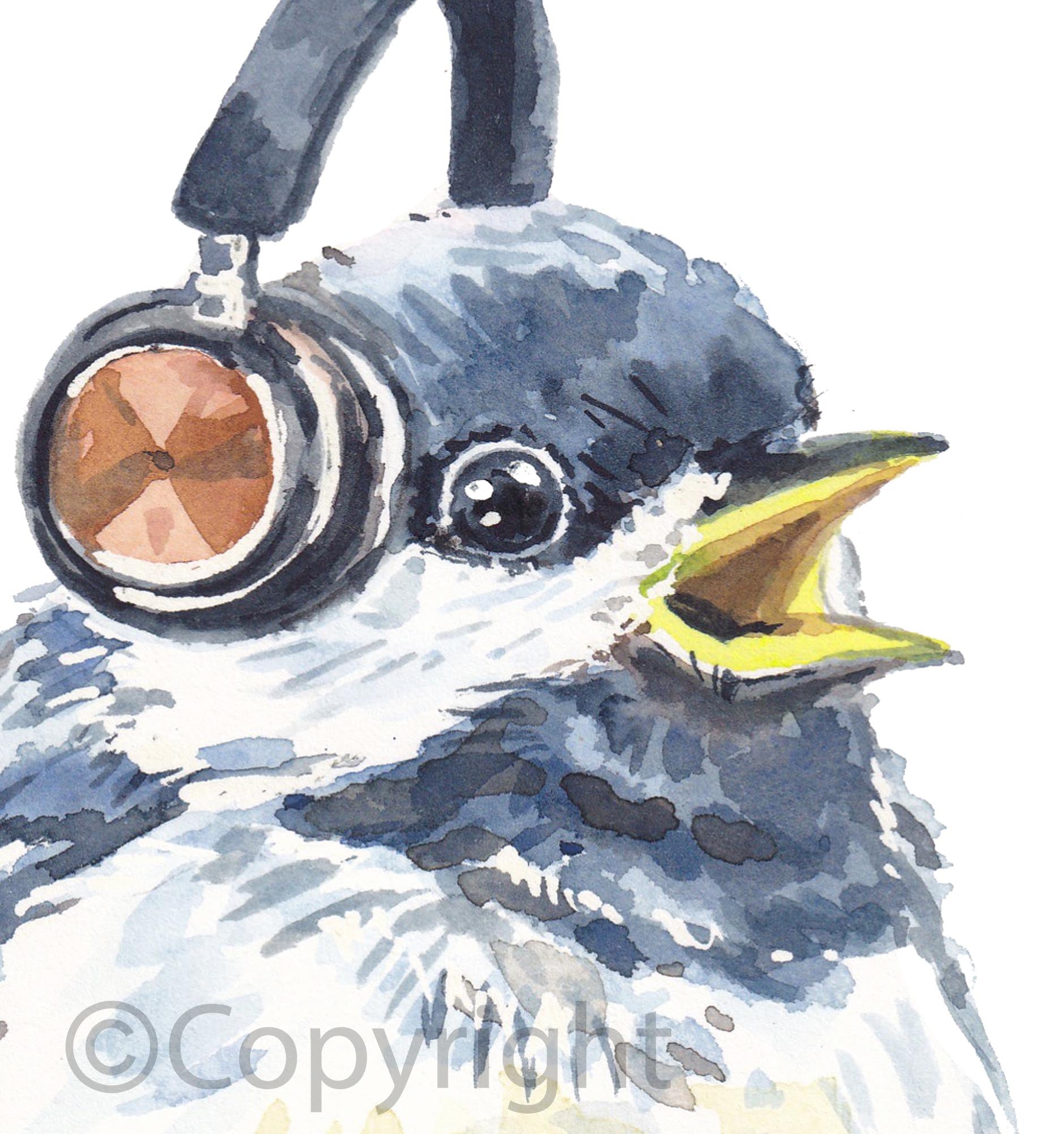 Watercolour painting of a black-capped chickadee bird wearing wireless headphones by Deidre Wicks