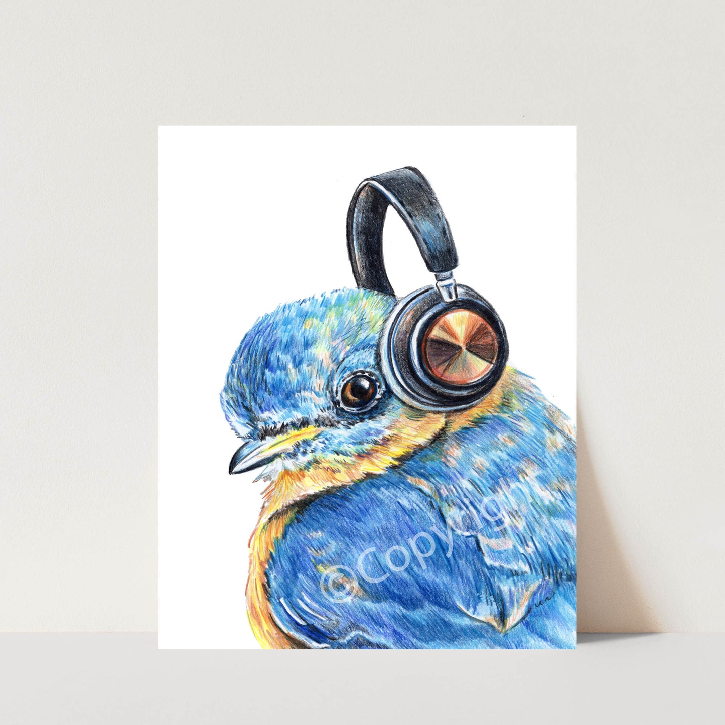 Crayon drawing of a bright blue bird wearing wireless headphone by Deidre Wicks