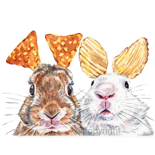 Two rabbits with ruffle chips and cheese nachos for ears on a white background. Watercolour painting by Deidre Wicks