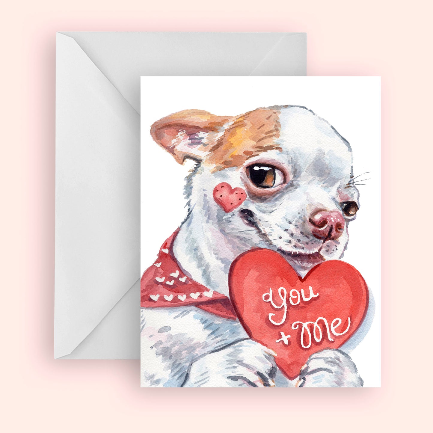 Greeting card with a dog holding a heart shaped 'You + Me' on a pink background