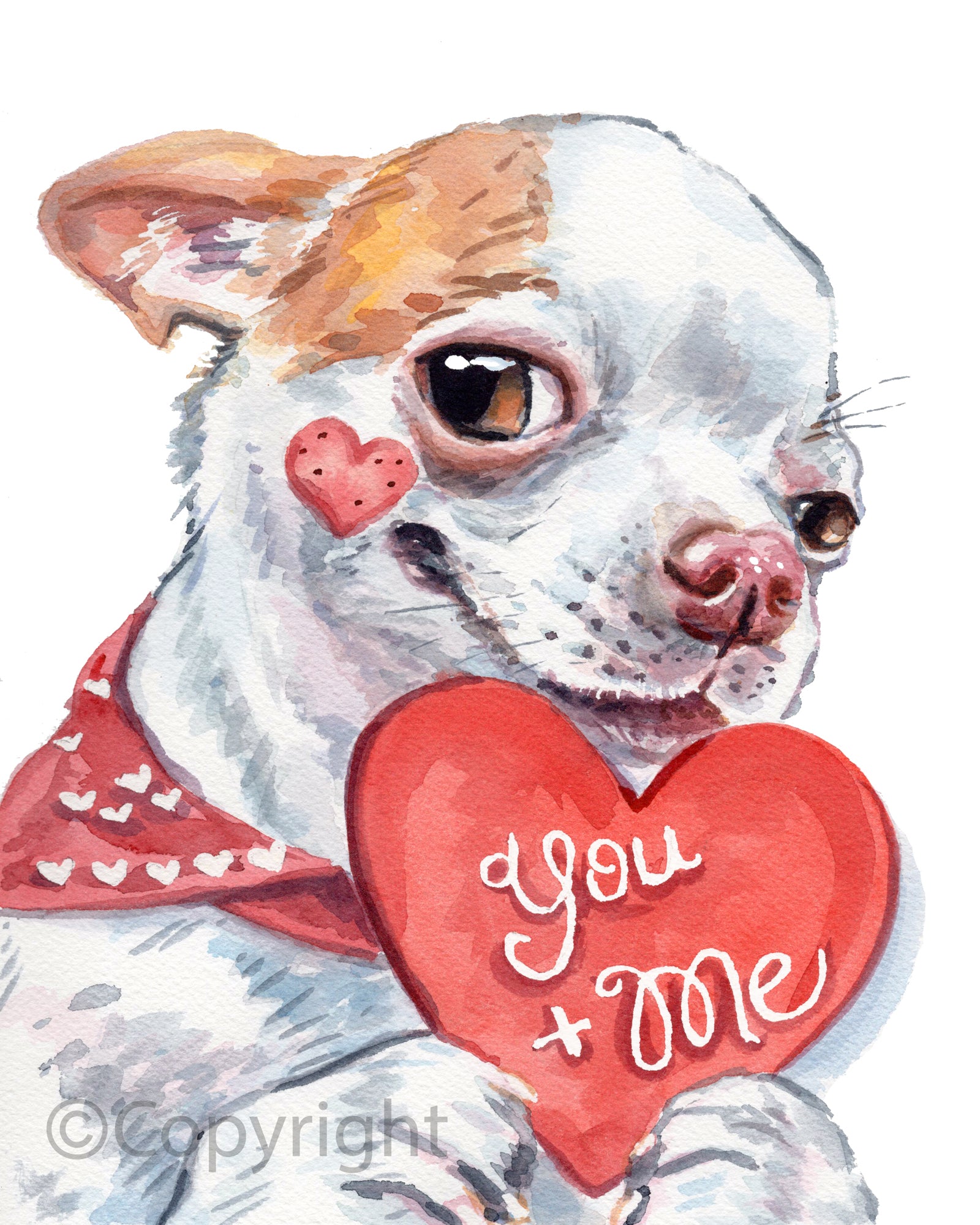 Illustration of a dog holding a heart with 'you + me' text, wearing a red bandana.