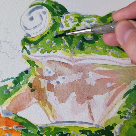 video of a tree frog watercolour painting work in progress