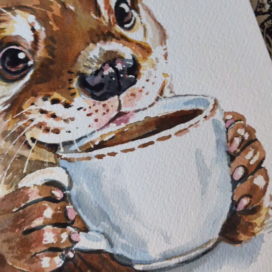 Watercolour painting of an otter drinking a coffee with a Coffee All Day Sign in the background