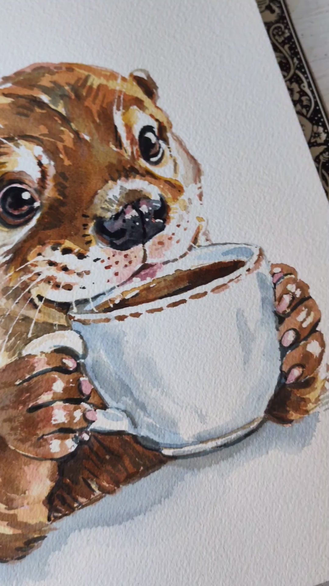 Watercolour painting of an otter drinking a coffee with a Coffee All Day Sign in the background