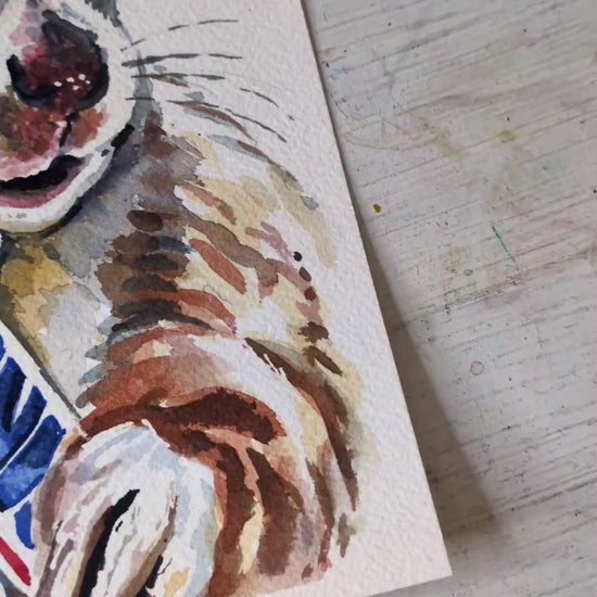 Video of an original watercolour painting of a squirrel eating a chocolate bar