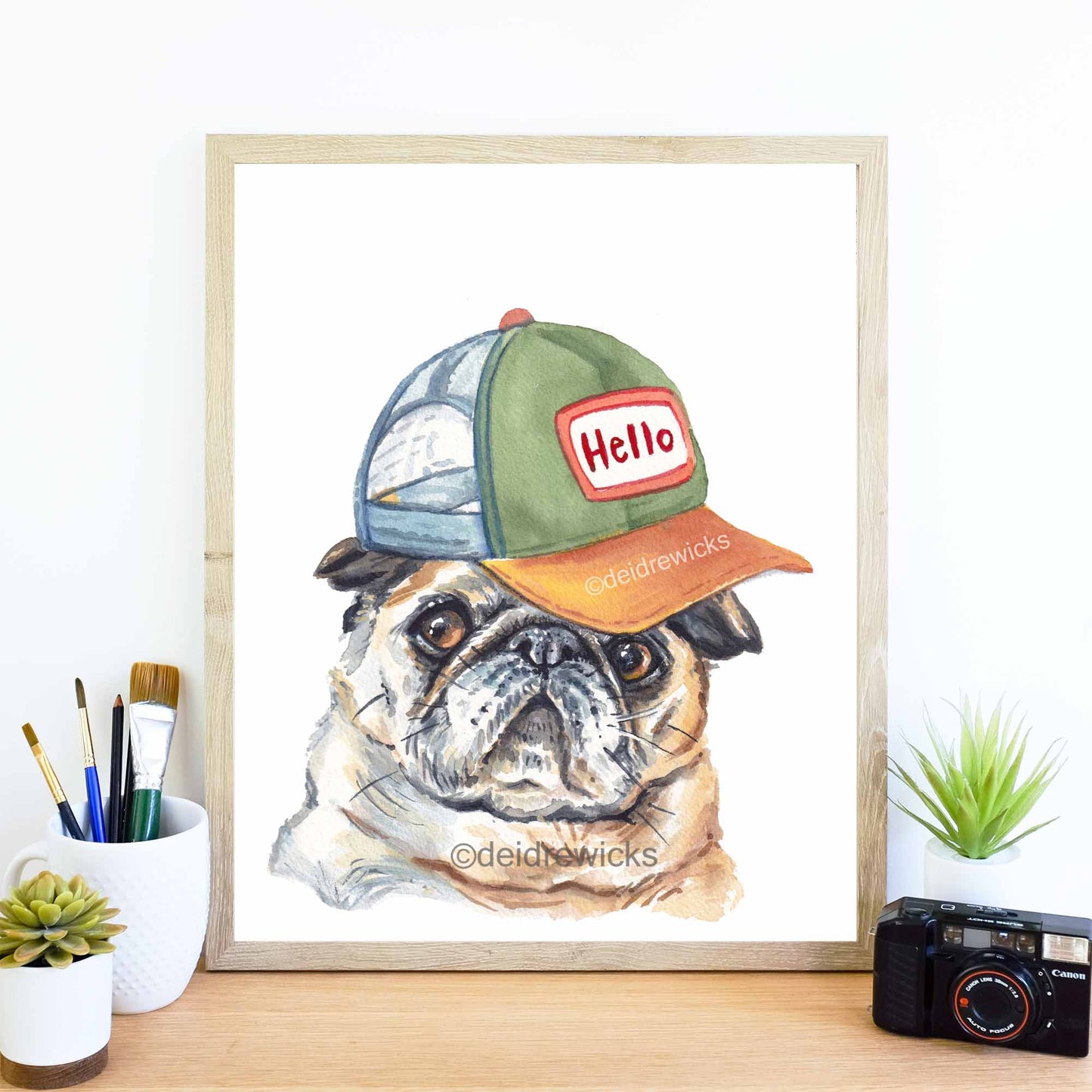 Suggested frame for a pug dog watercolor print by Deidre Wicks.