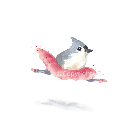 Watercolour of a leaping titmouse ballerina bird wearing a pink tutu and pointe shoes. Art by Deidre Wicks