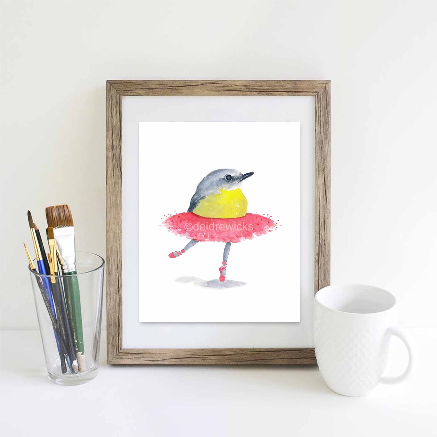 Suggested framing for a ballet birdie watercolour print by Water In My Paint