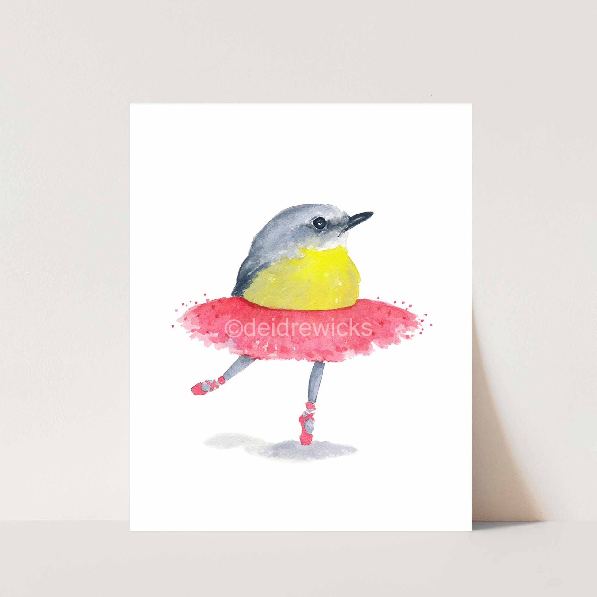 Print of a ballet bird wearing a pink tutu by Deidre Wicks