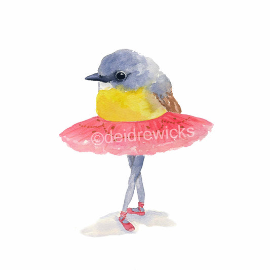 Watercolour painting of a yellow robin ballet bird standing in fourth position. Art by Deidre Wicks