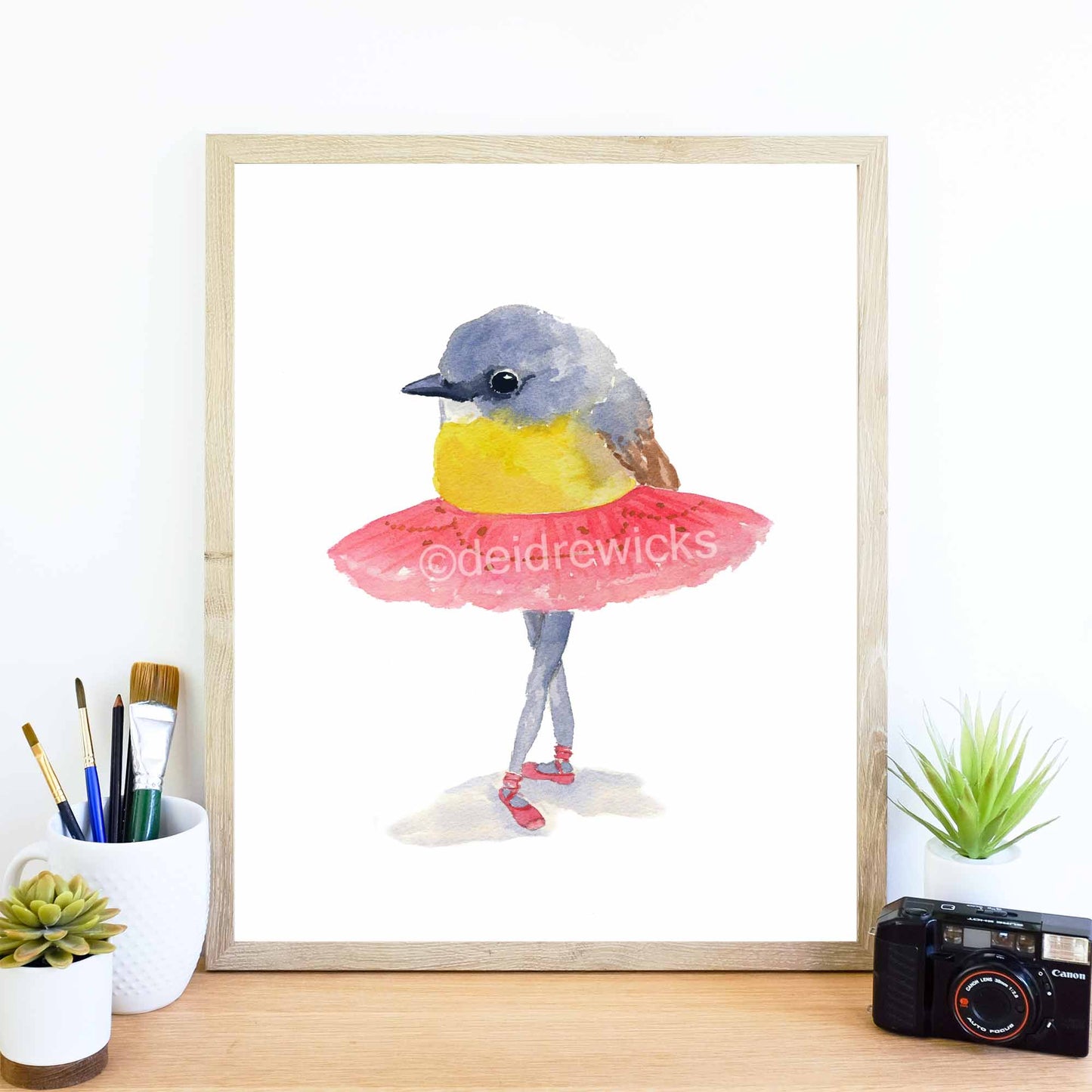 Framed example of a watercolour paining of a robin bird wearing a tutu