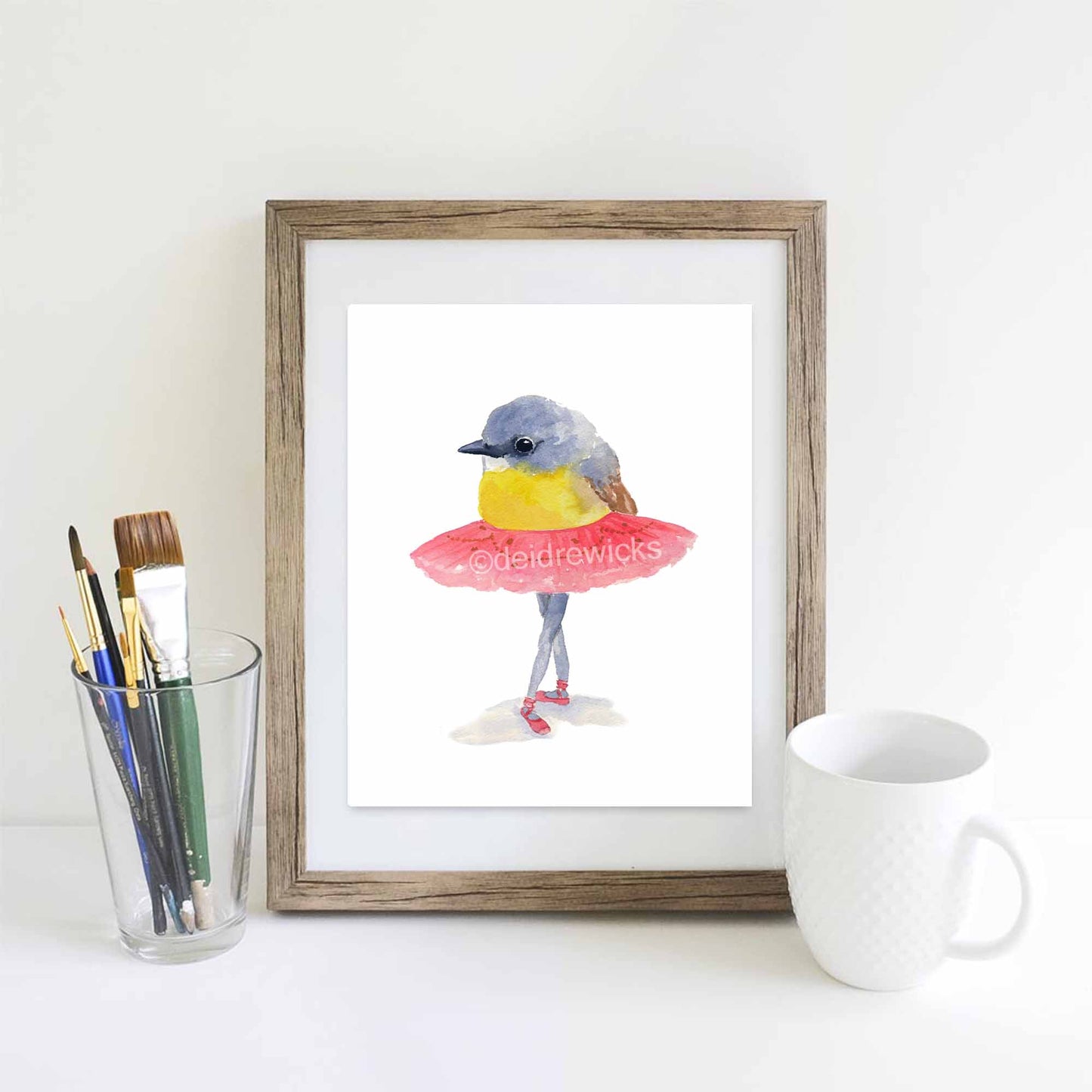 Framed example of a ballet bird watercolour print by Water In My Paint