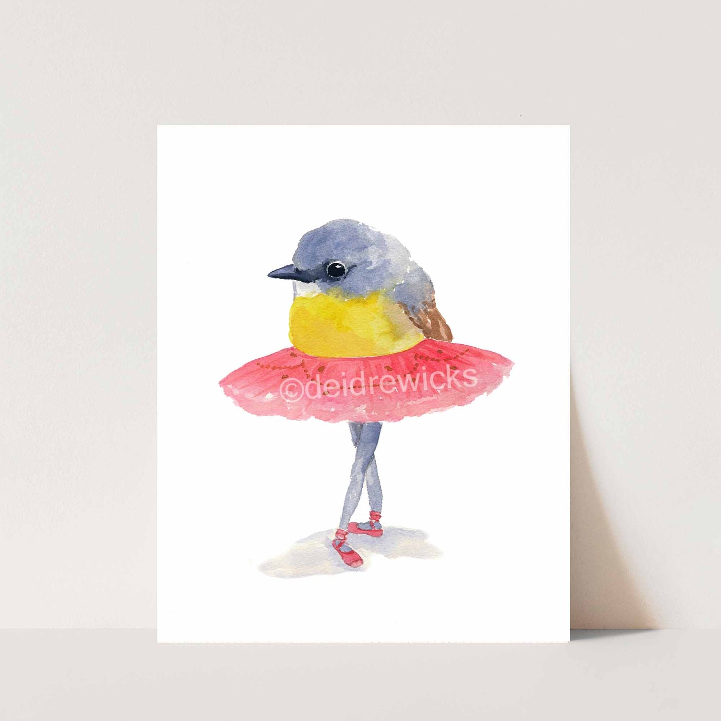 Watercolor print of a ballet bird wearing a pink tutu and pointe shoes. By artist Deidre Wicks
