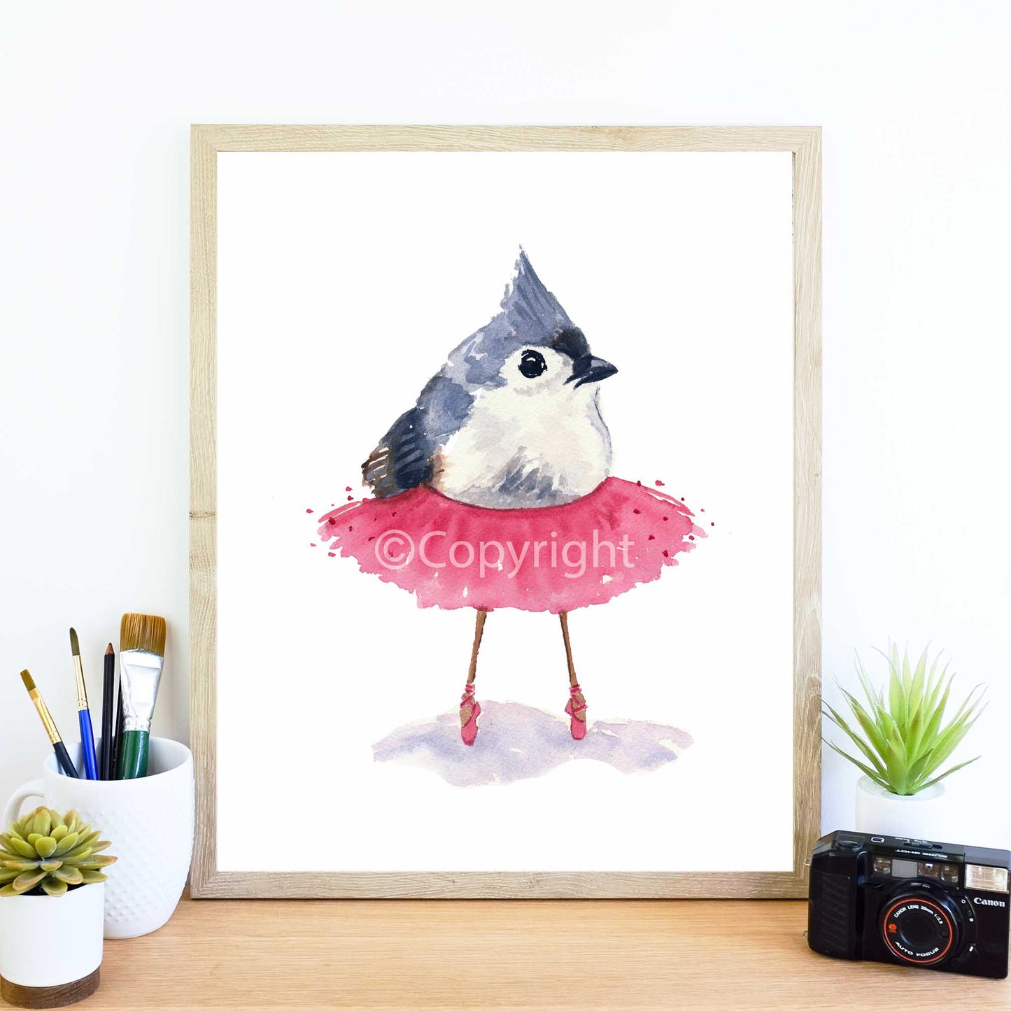ballet birdie, tufted titmouse bird, pink tutu, pointe shoes, no 45 in series of ballet birds, three sizes available 5x7 8x10 11x14, signed and dated on back, printed with pigment ink on cotton rag paper, archival fine art, copyright Deidre Wicks