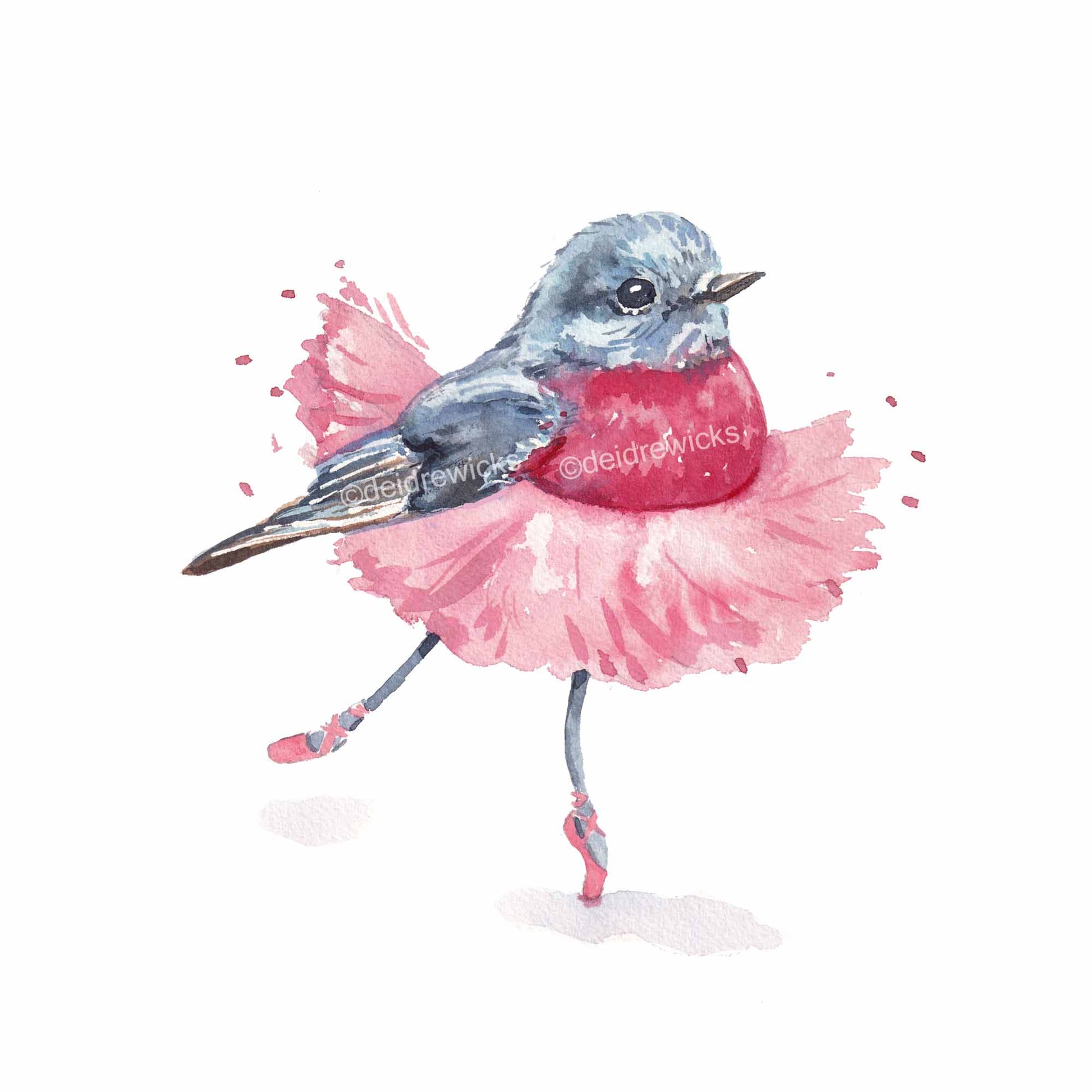 Ballet bird watercolour painting of a rose robin wearing a pink tutu while dancing in pointe shoes. Art by Deidre Wicks
