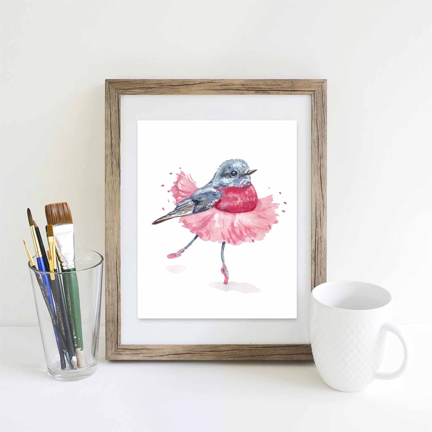 Framed example of a ballet birdie watercolour painting by Deidre WIcks