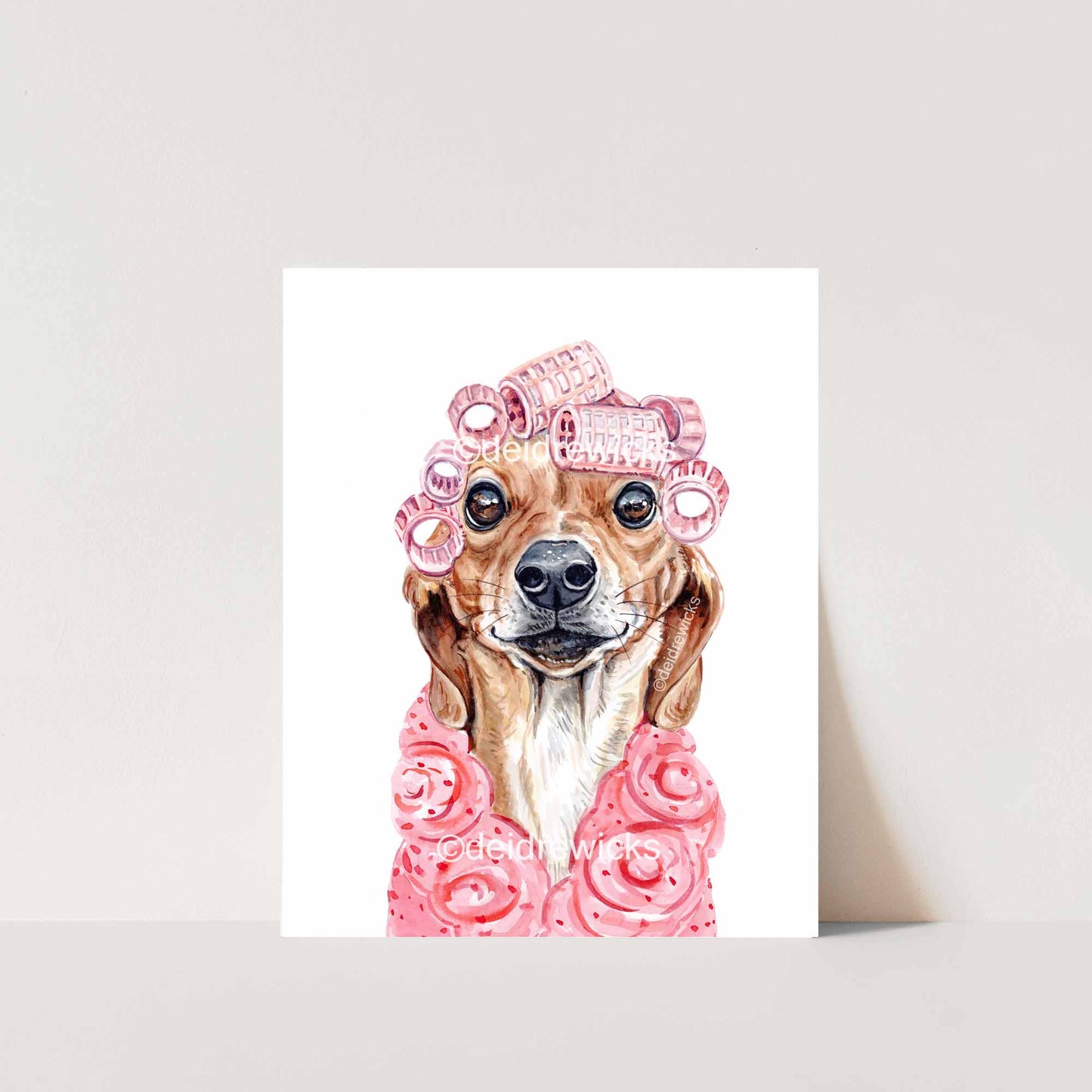 Dog watercolour print featuring a dachshund wearing a bathrobe and curling her hair with rollers