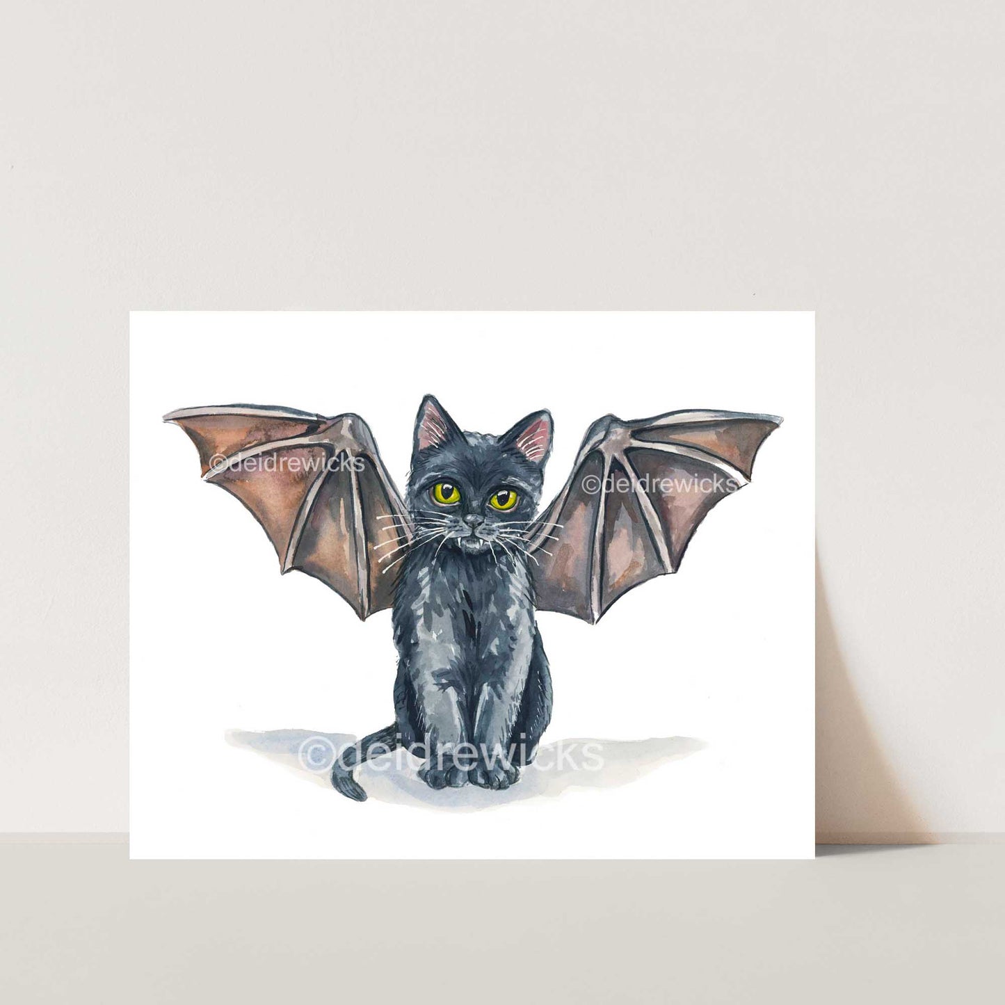 Watercolor painting of a tiny black kitten who thinks he's a bat