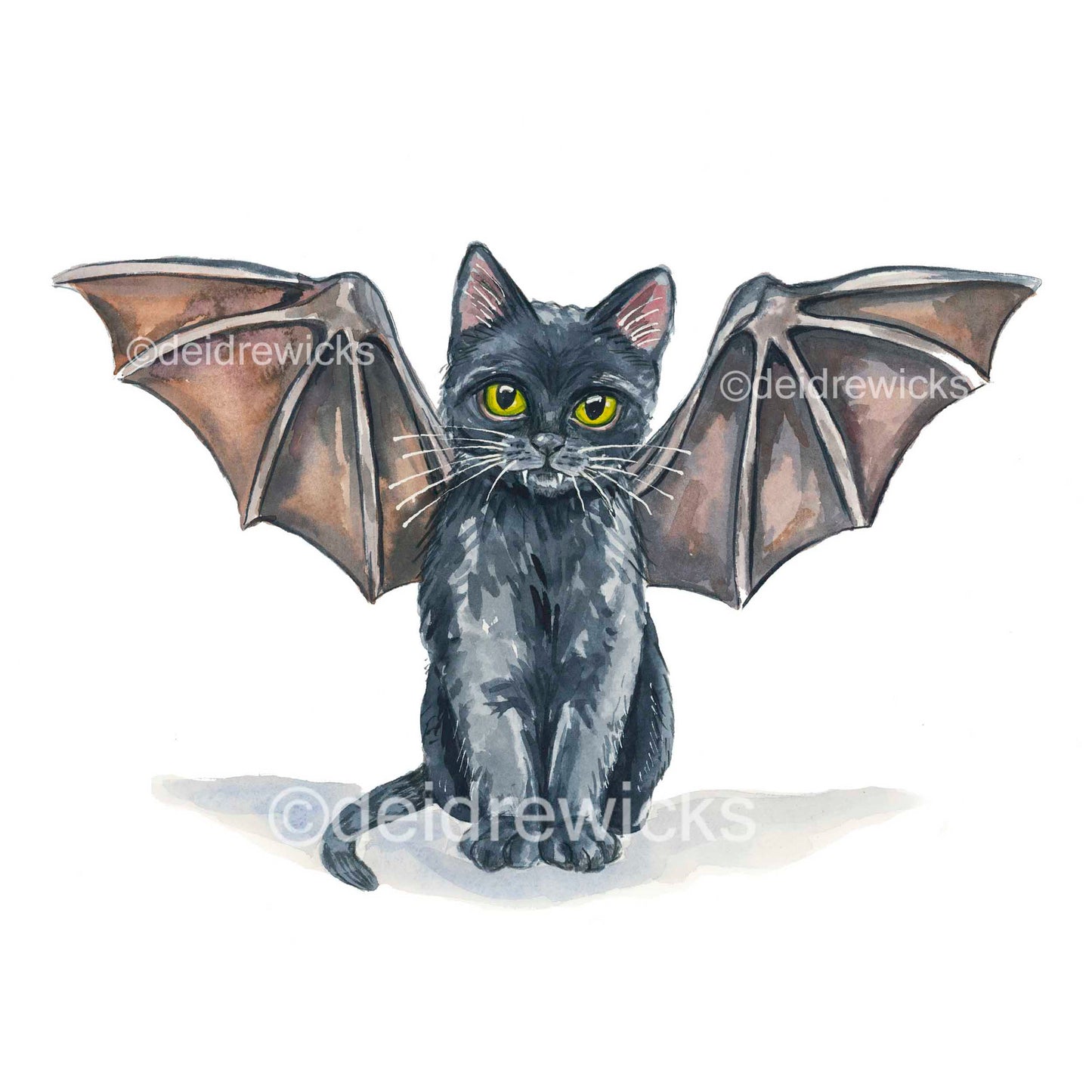 Watercolour painting of a little black cat wearing bat wings