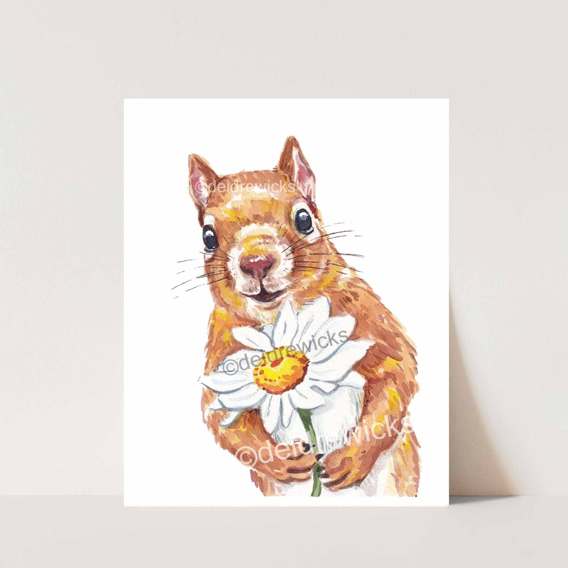 Fine art watercolour print of a love-struck squirrel holding a daisy flower