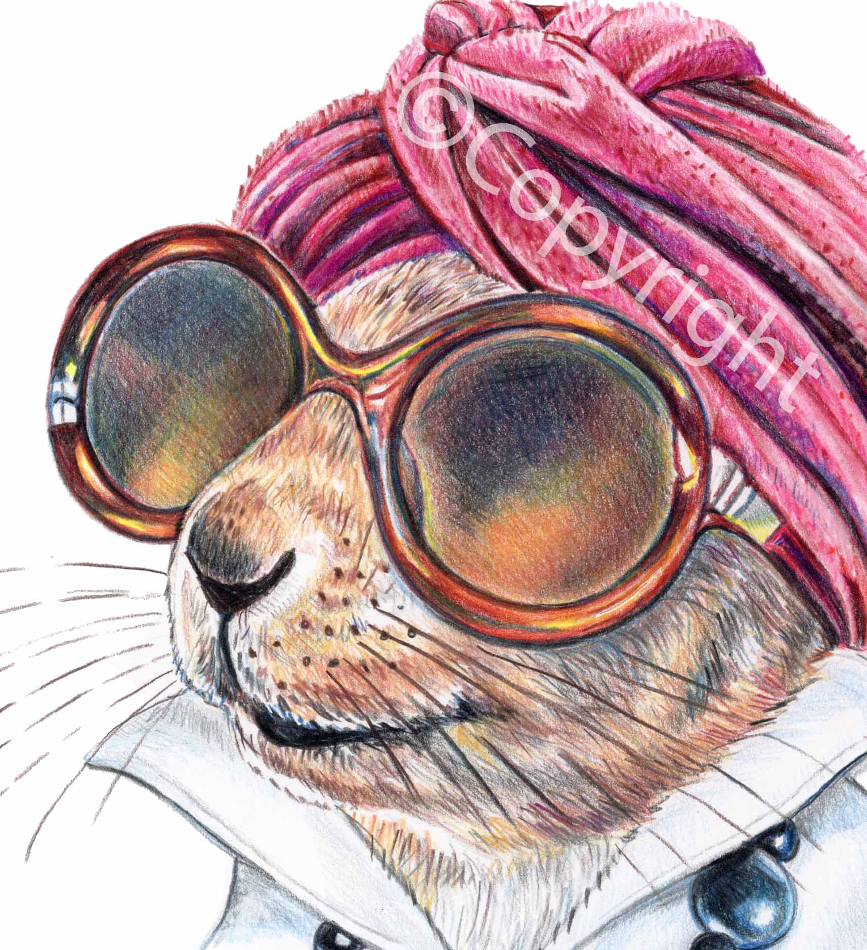 Coloured pencil drawing of a squirrel wearing vintage sunglass, turban and necklace. She's a diva! Art by Deidre Wicks