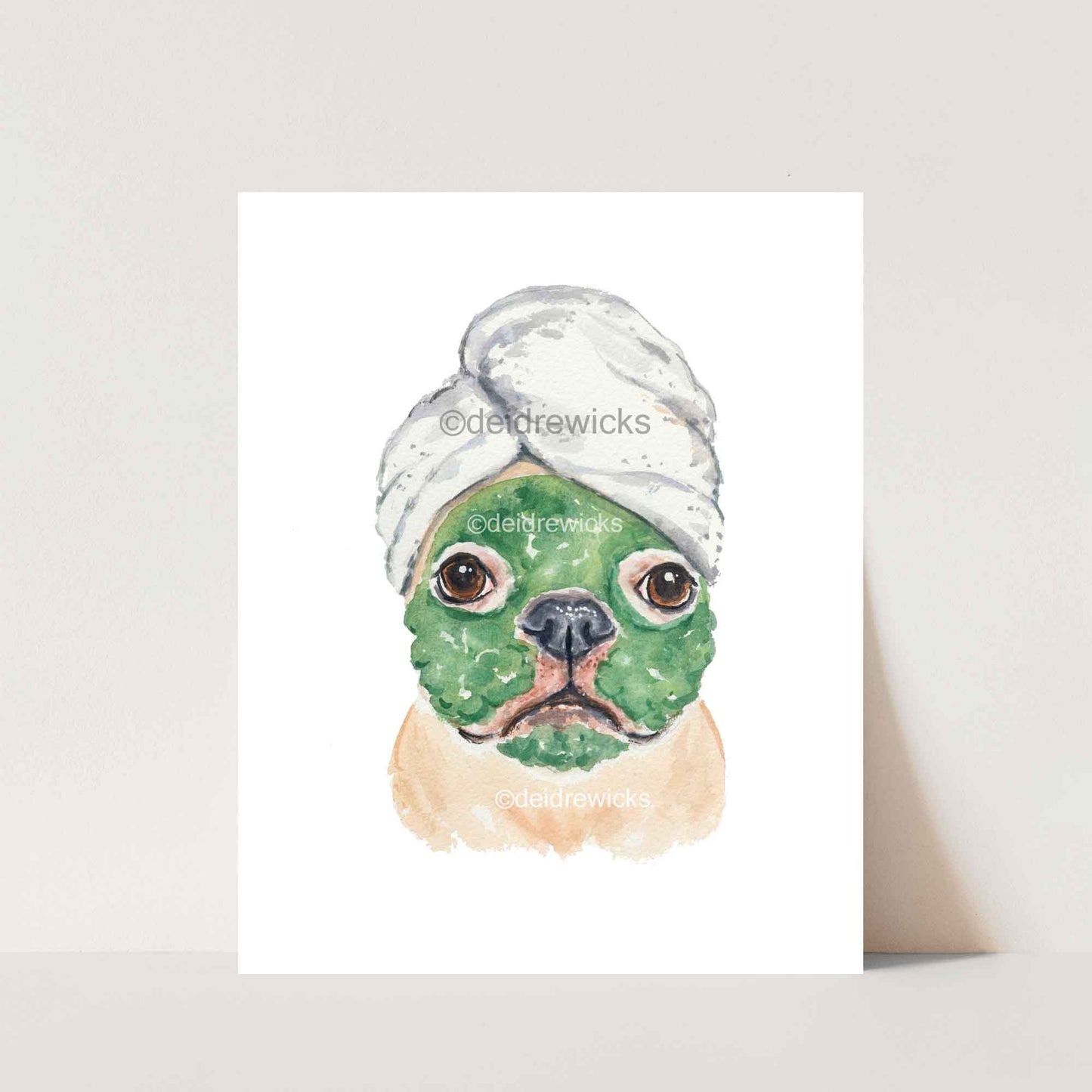 Watercolor painting of a dog wearing a bath towel on her head and a clay face mask