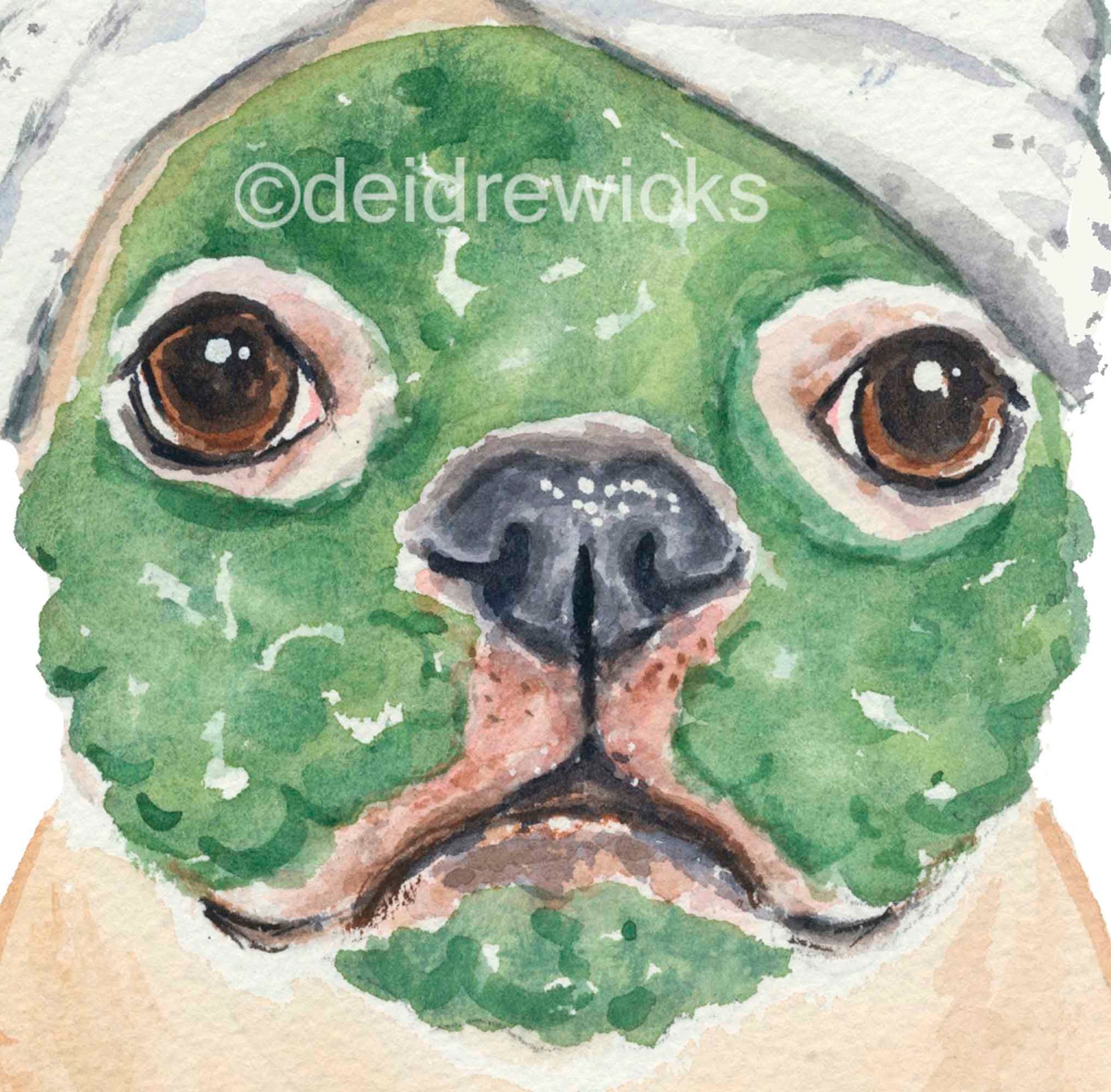 Close up of a watercolor of a dog with a clay face mask