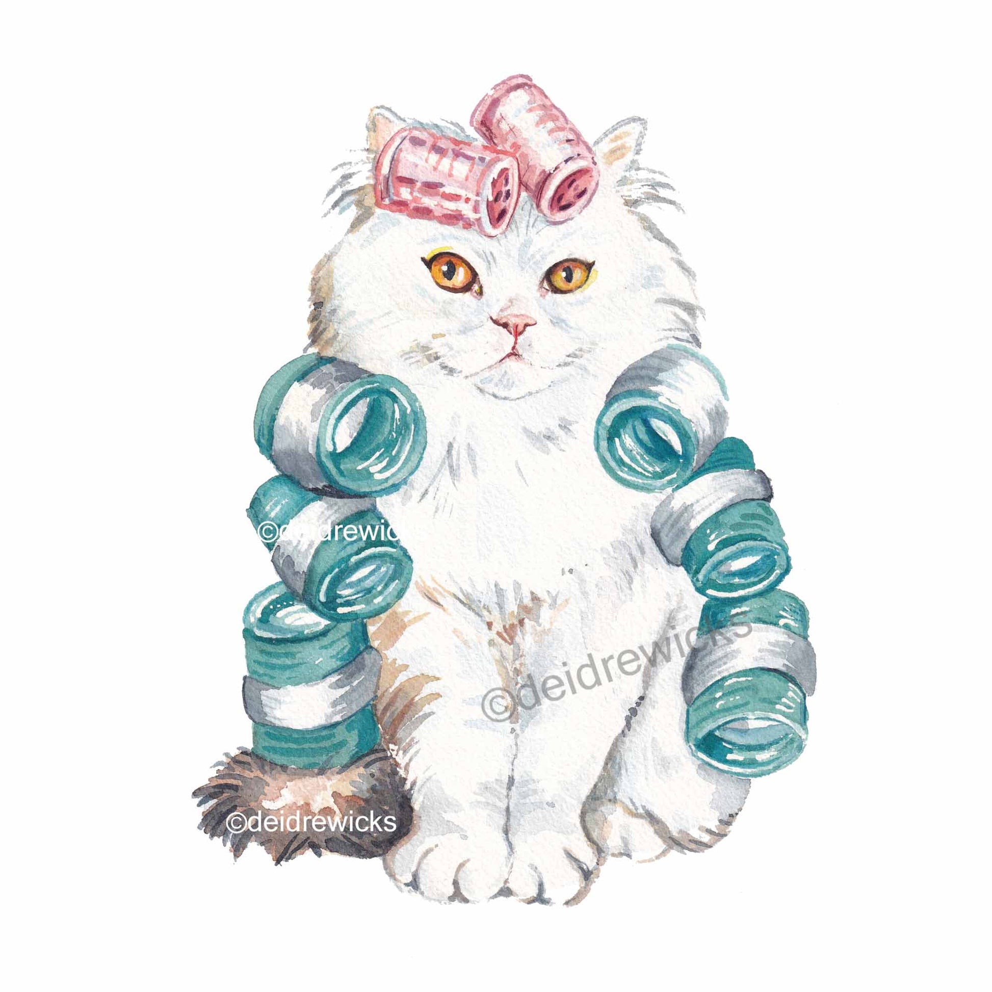 Cat watercolour featuring a white Persian cat wearing brightly coloured hair curlers. Art by Deidre Wicks
