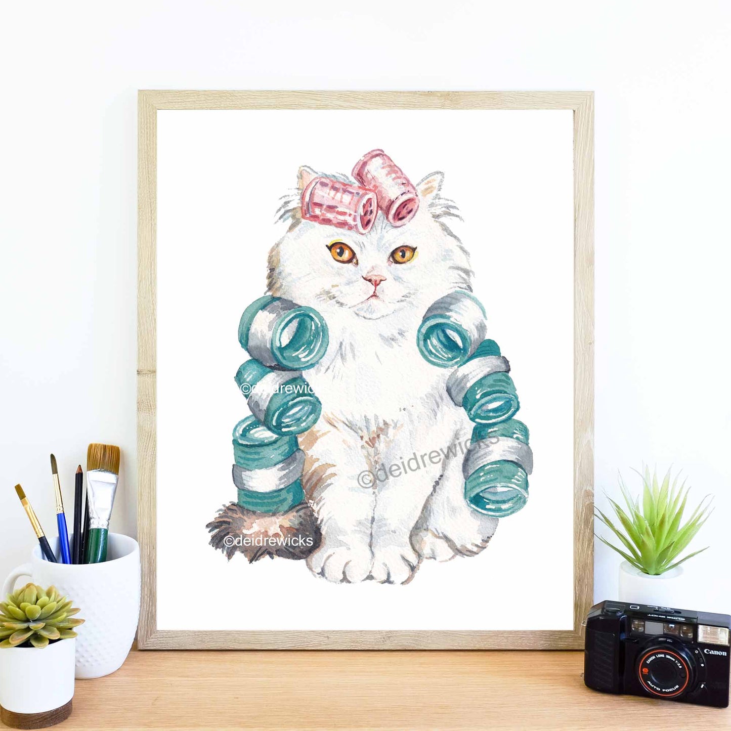 Framed example of a cat watercolour featuring a white Persian cat wearing brightly coloured hair curlers. Art by Deidre Wicks