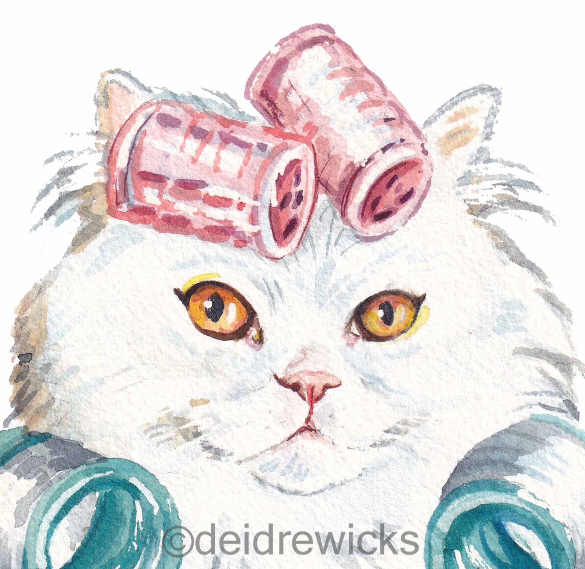 Close up of a cat watercolour featuring a white Persian cat wearing brightly coloured hair curlers. Art by Deidre Wicks