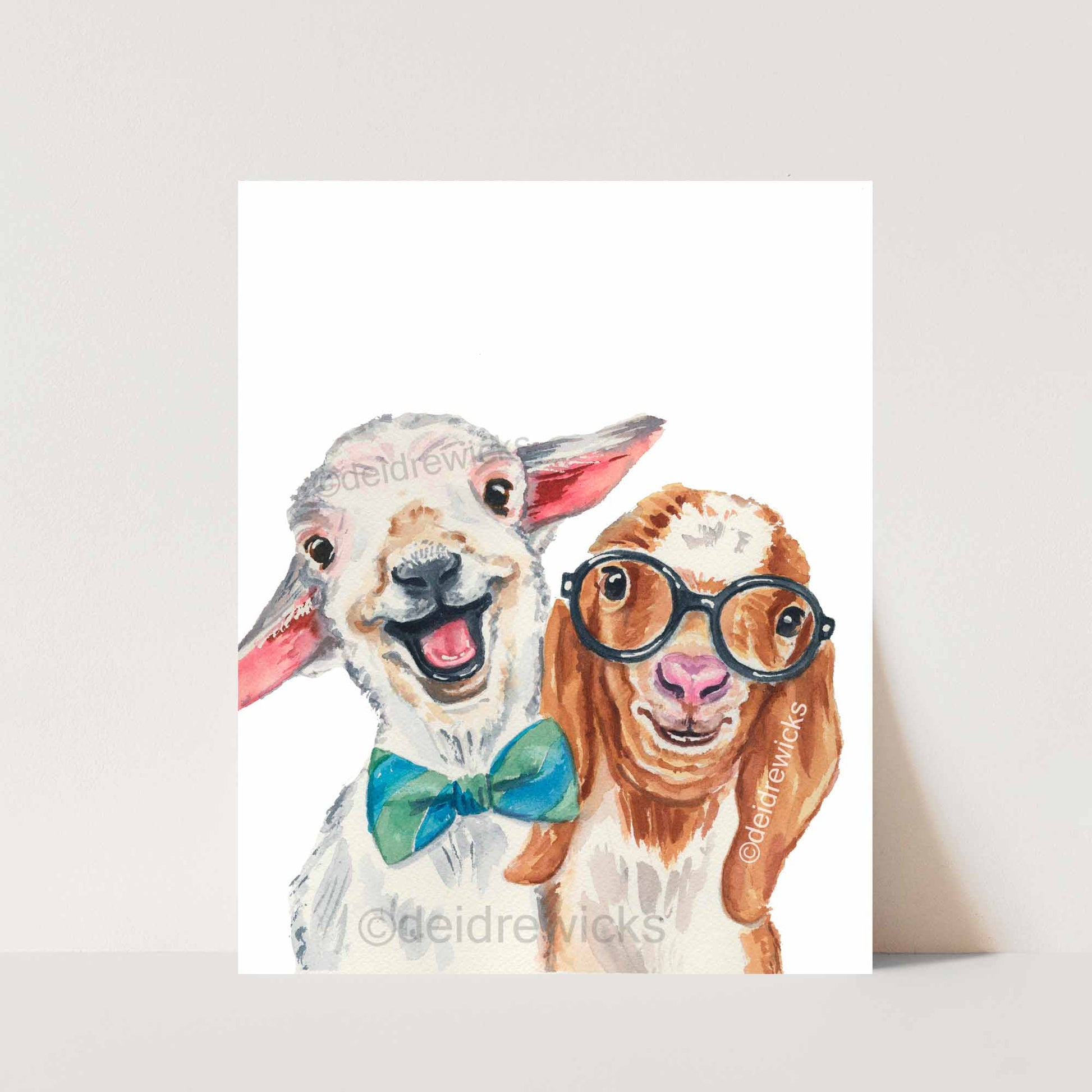 Watercolor print of a baby lamb and goat who are BFFs by artist Deidre Wicks