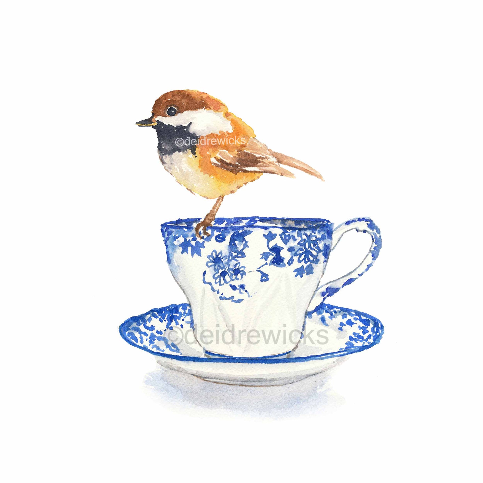 Watercolour painting of a chickadee bird perched on a tea cup