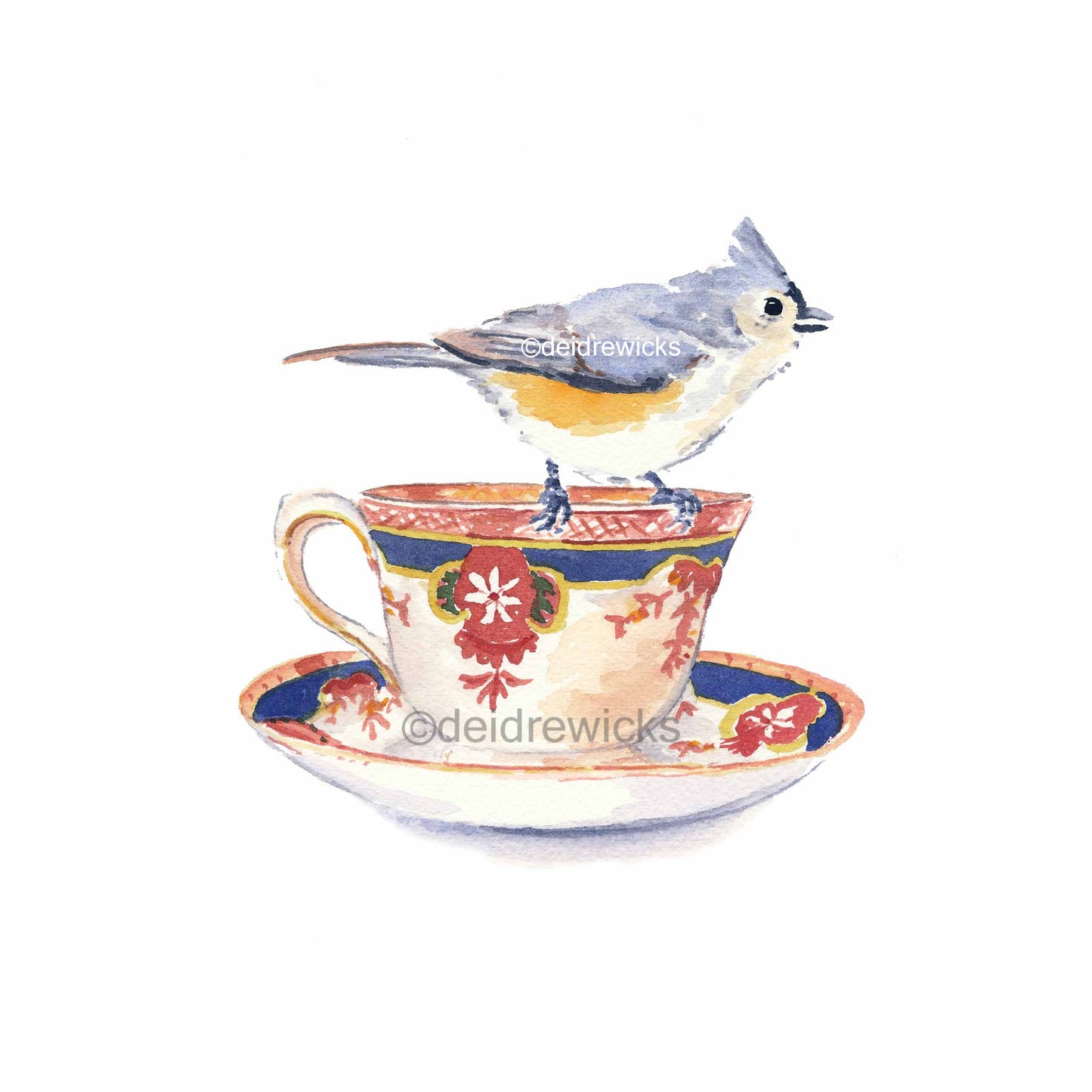 Watercolour painting of a tufted titmouse bird on a tea cup