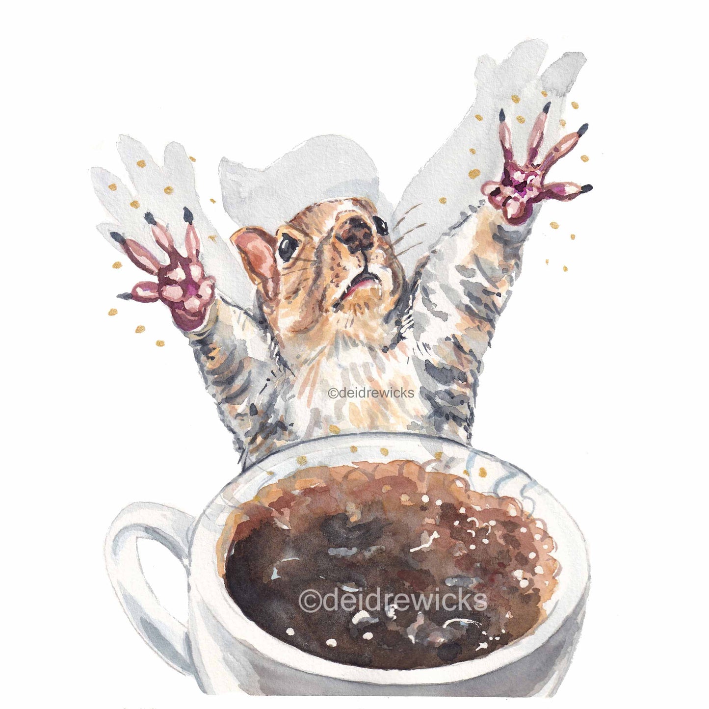 Watercolour painting of a squirrel using magic to make a strong cup of black coffee