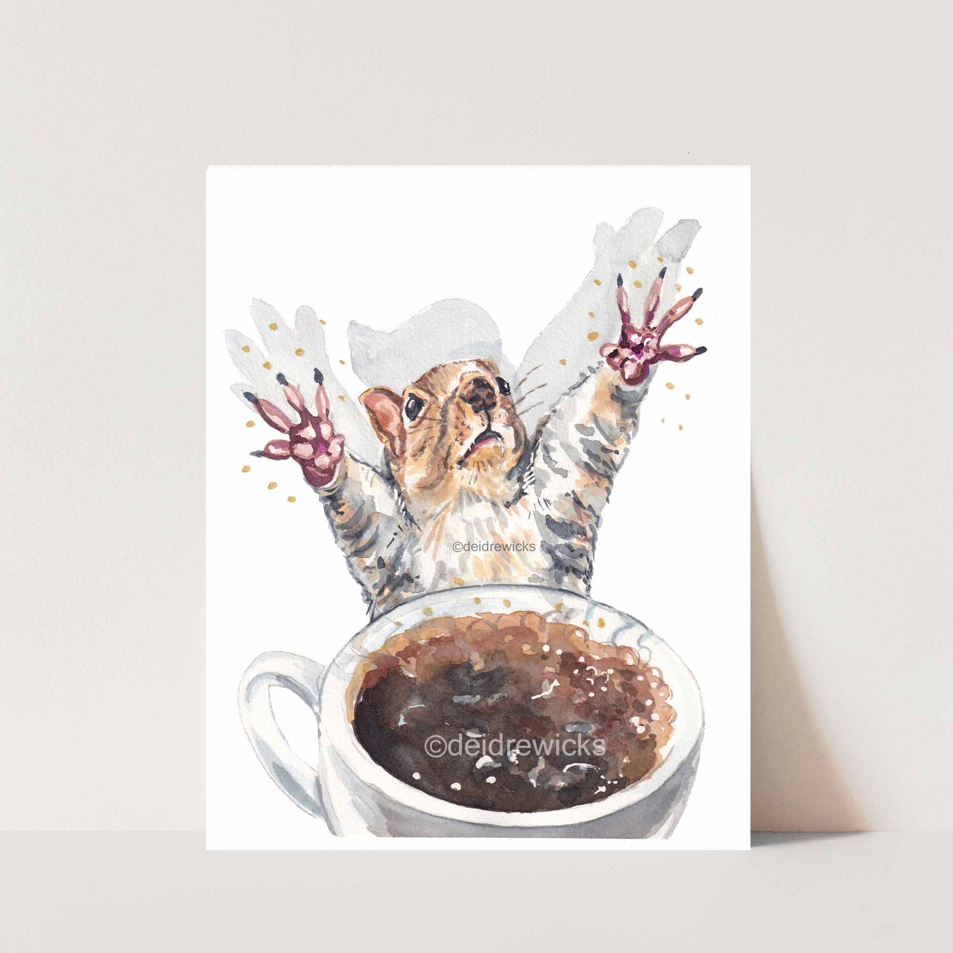 Watercolor print featuring a squirrel using magic to brew a strong cup of coffee. Art by Deidre Wicks