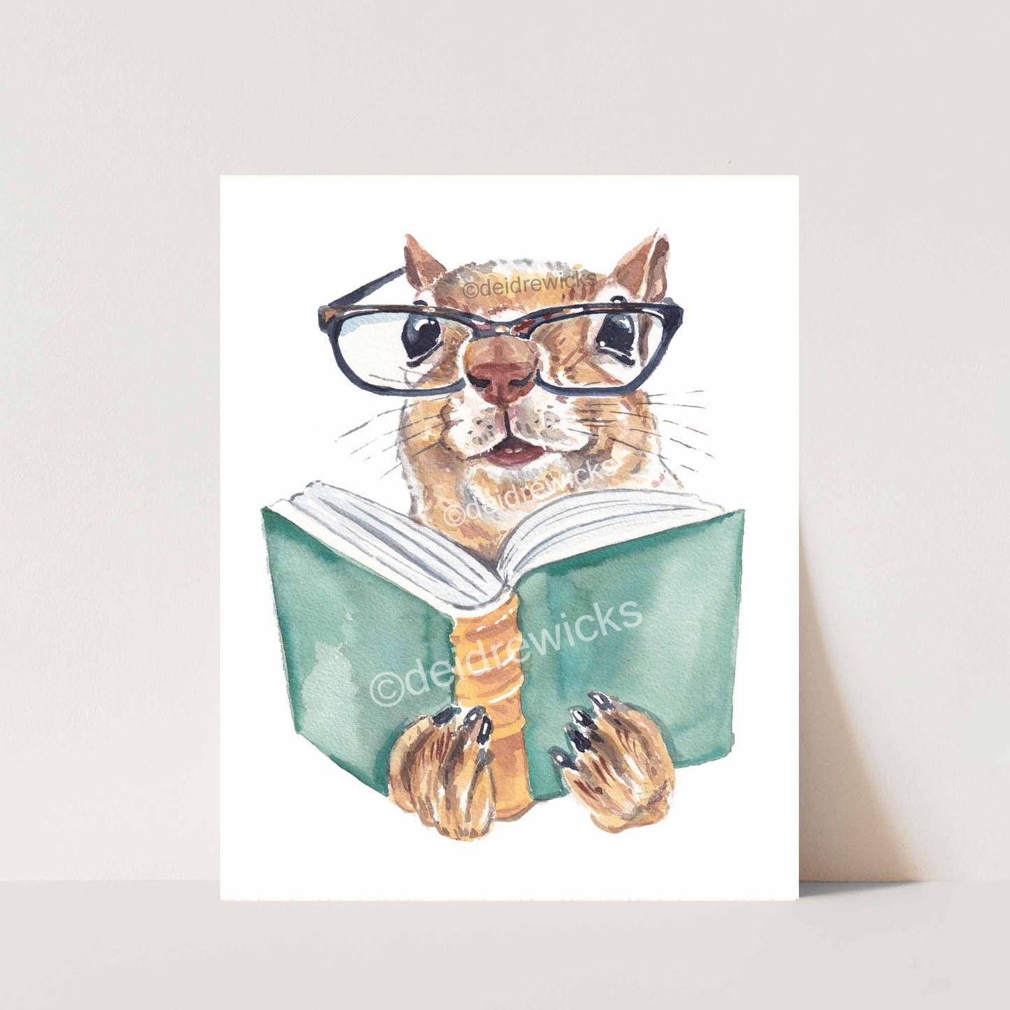 Watercolour print of a squirrel who loves to read books by Deidre Wicks. Wall décor for a nursery, child's room, library, living room, bedroom etc