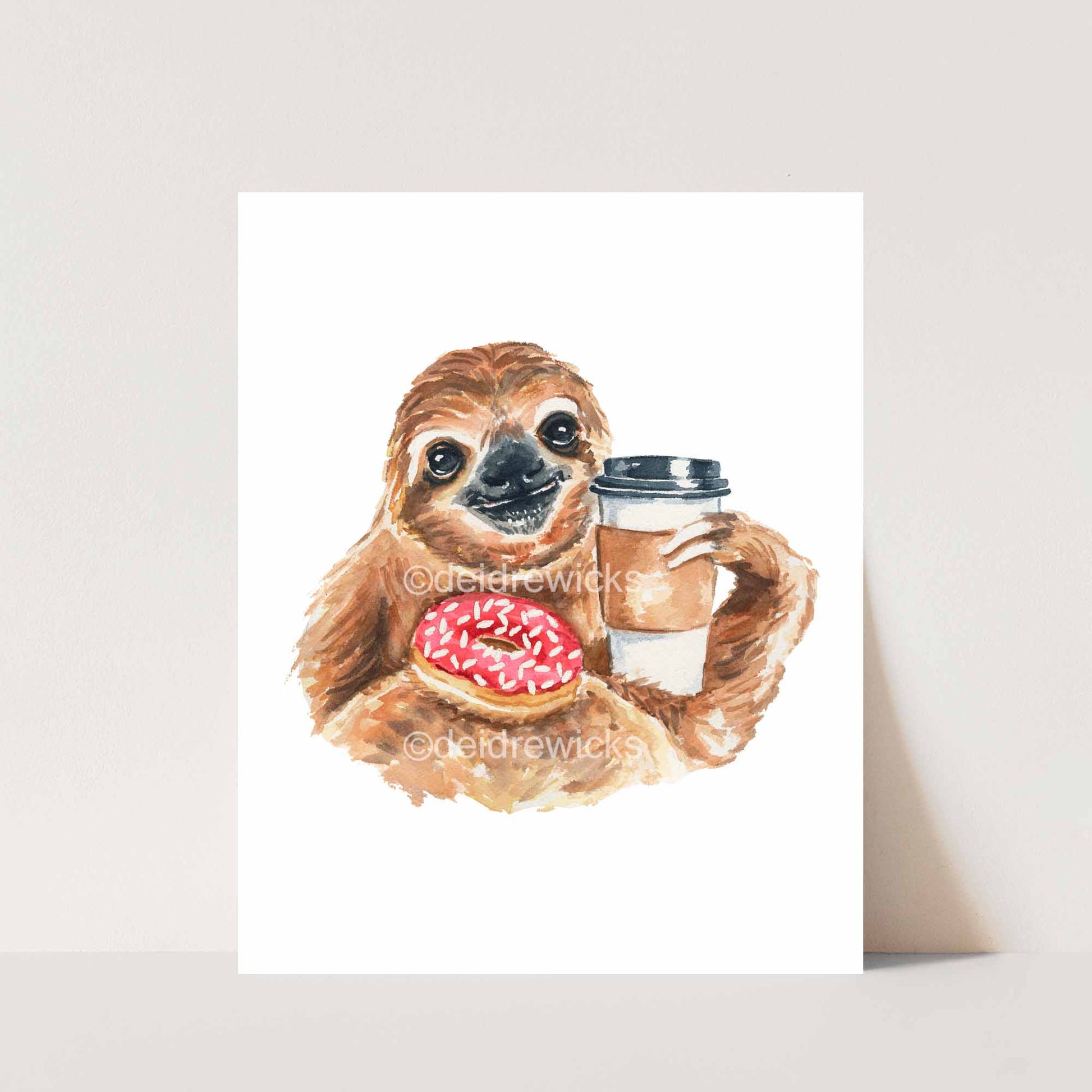 Watercolor print of a sloth drinking coffee and holding a donut on it's stomach
