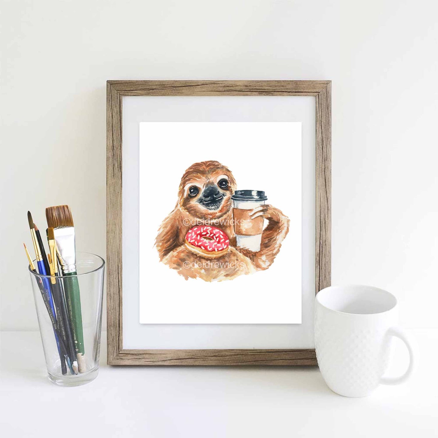 Watercolor painting of a coffee loving sloth by Water In My Paint