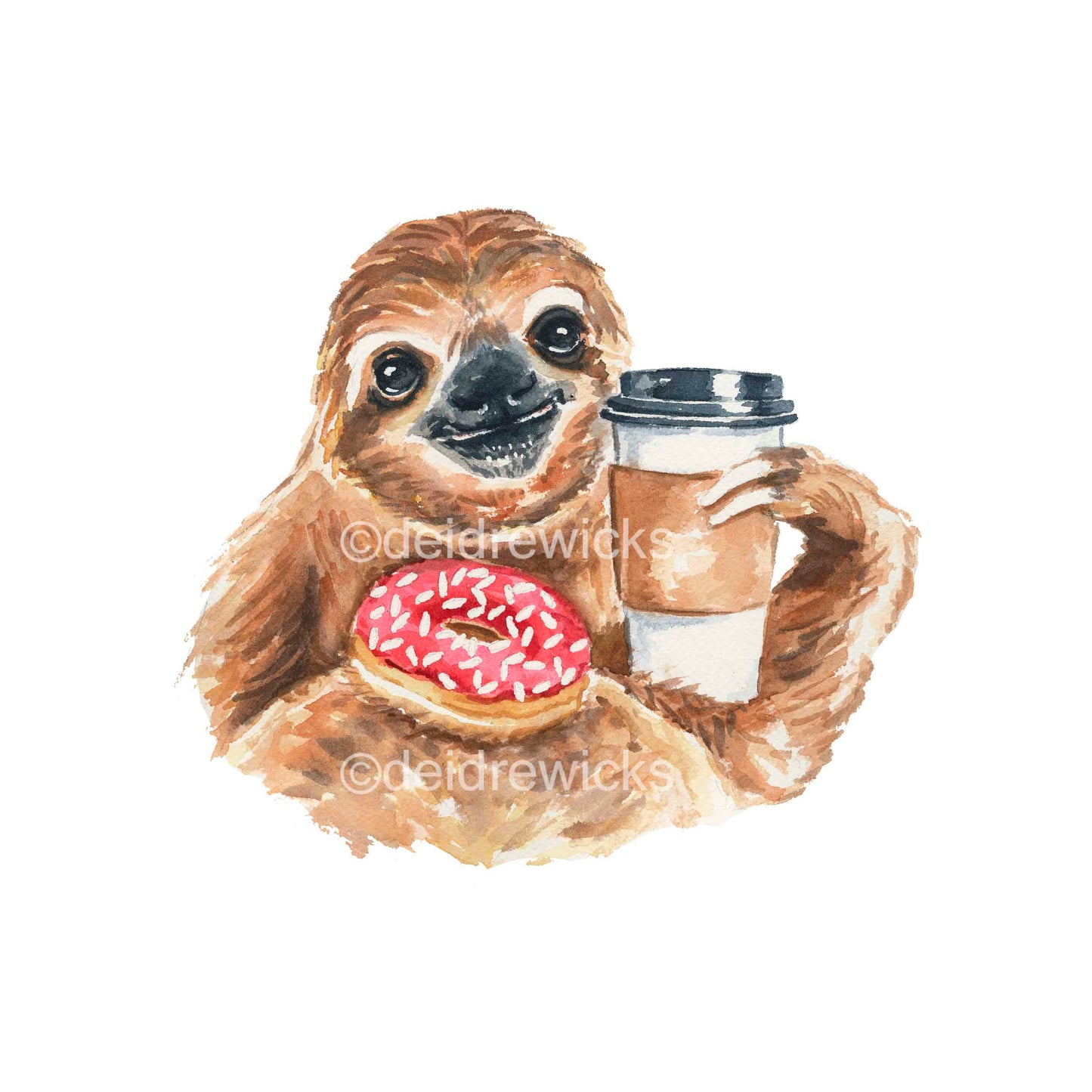 Watercolour painting of a sloth holding coffee and a sprinkle donut