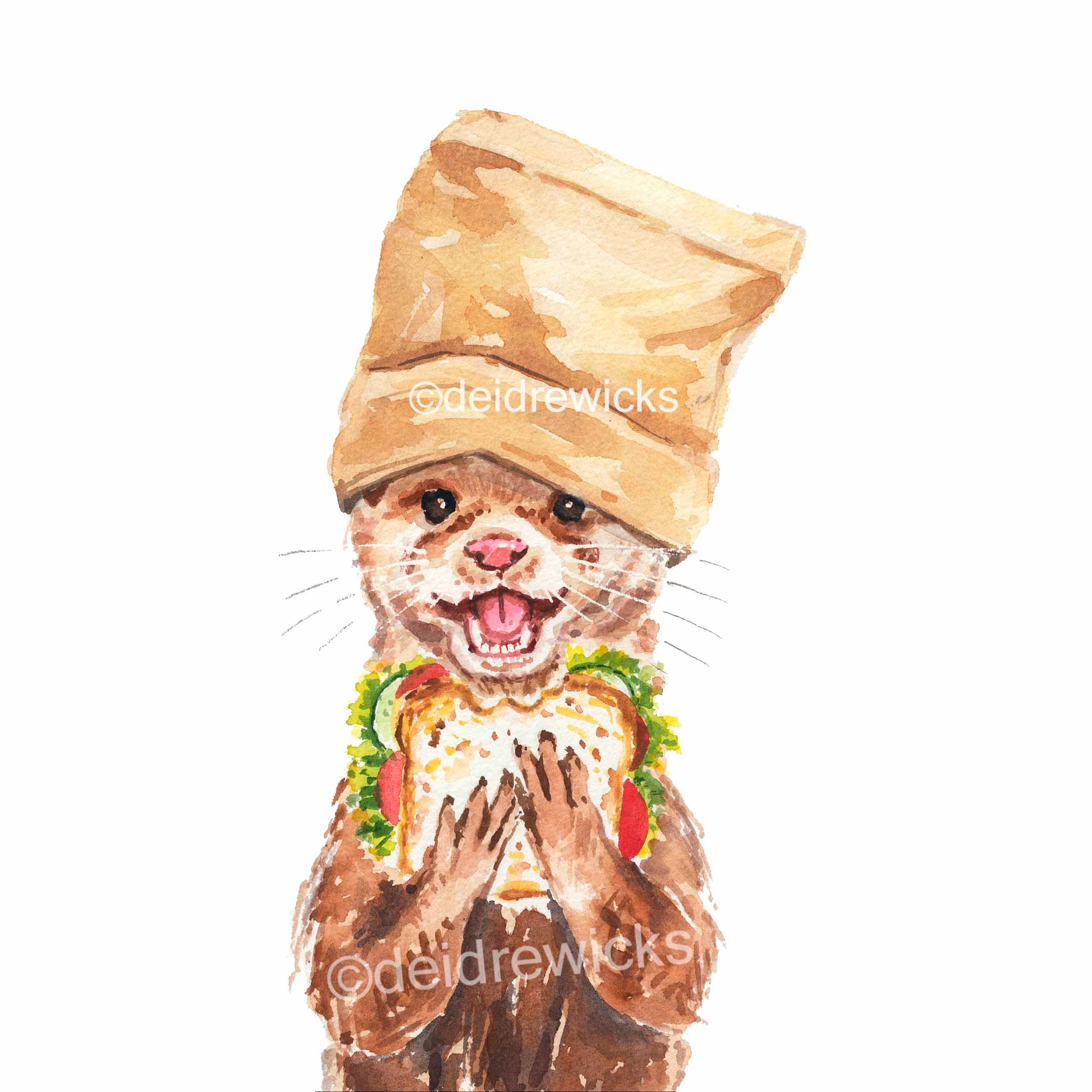 Watercolour painting of an otter eating a sandwich with a paper bag on it's head
