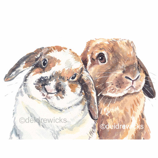 Watercolour painting of two white and brown lop eared bunny rabbits by Deidre Wicks