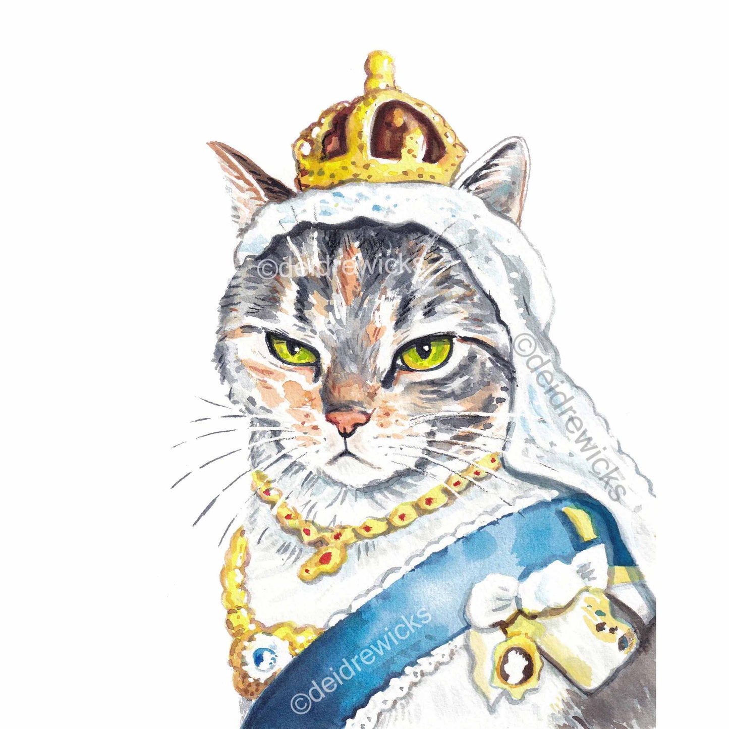Watercolour painting of a calico cat dressed like Queen Victoria