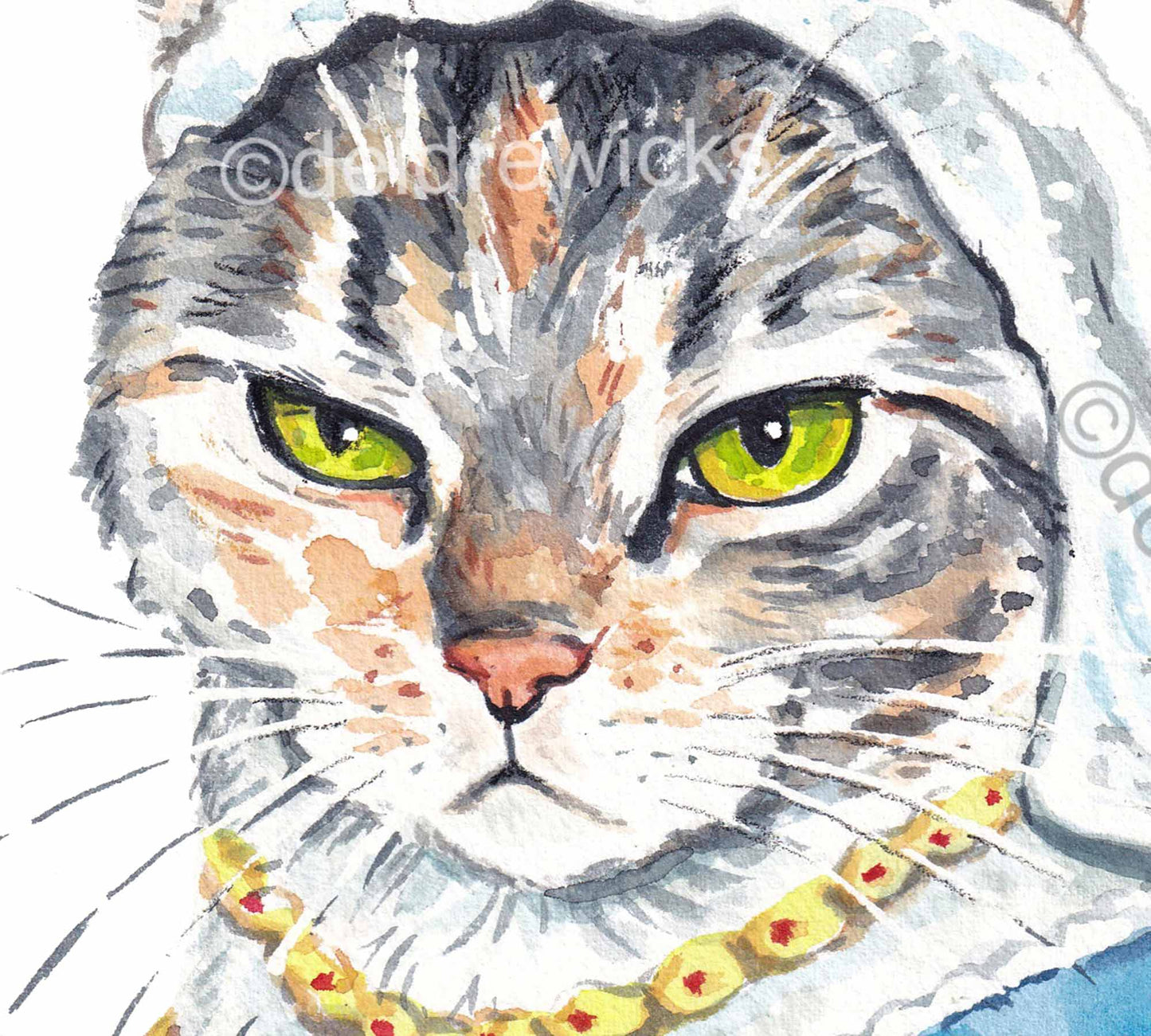 Close up of a watercolor painting of a grumpy calico cat by Water In My Paint