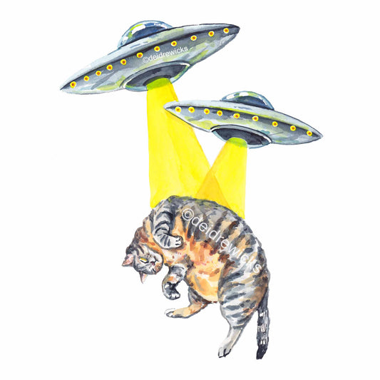 Watercolour painting of 2 UFOs trying to lift a fat Tabby cat. Original art by Deidre Wicks