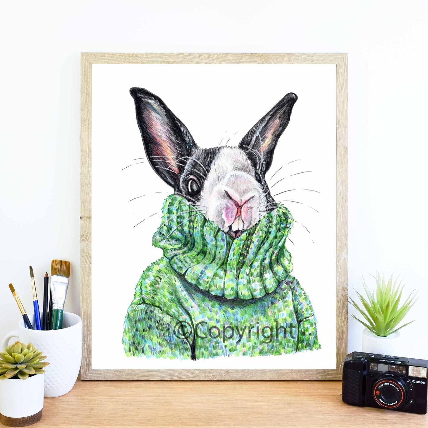Coloured pencil drawing of a black and white bunny rabbit wearing a large green sweater. Art by Deidre Wicks