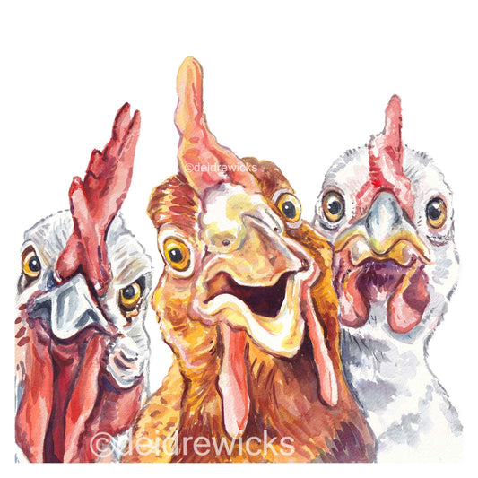 Watercolour painting featuring 3 chickens with very different personalities. Original art by Deidre Wicks
