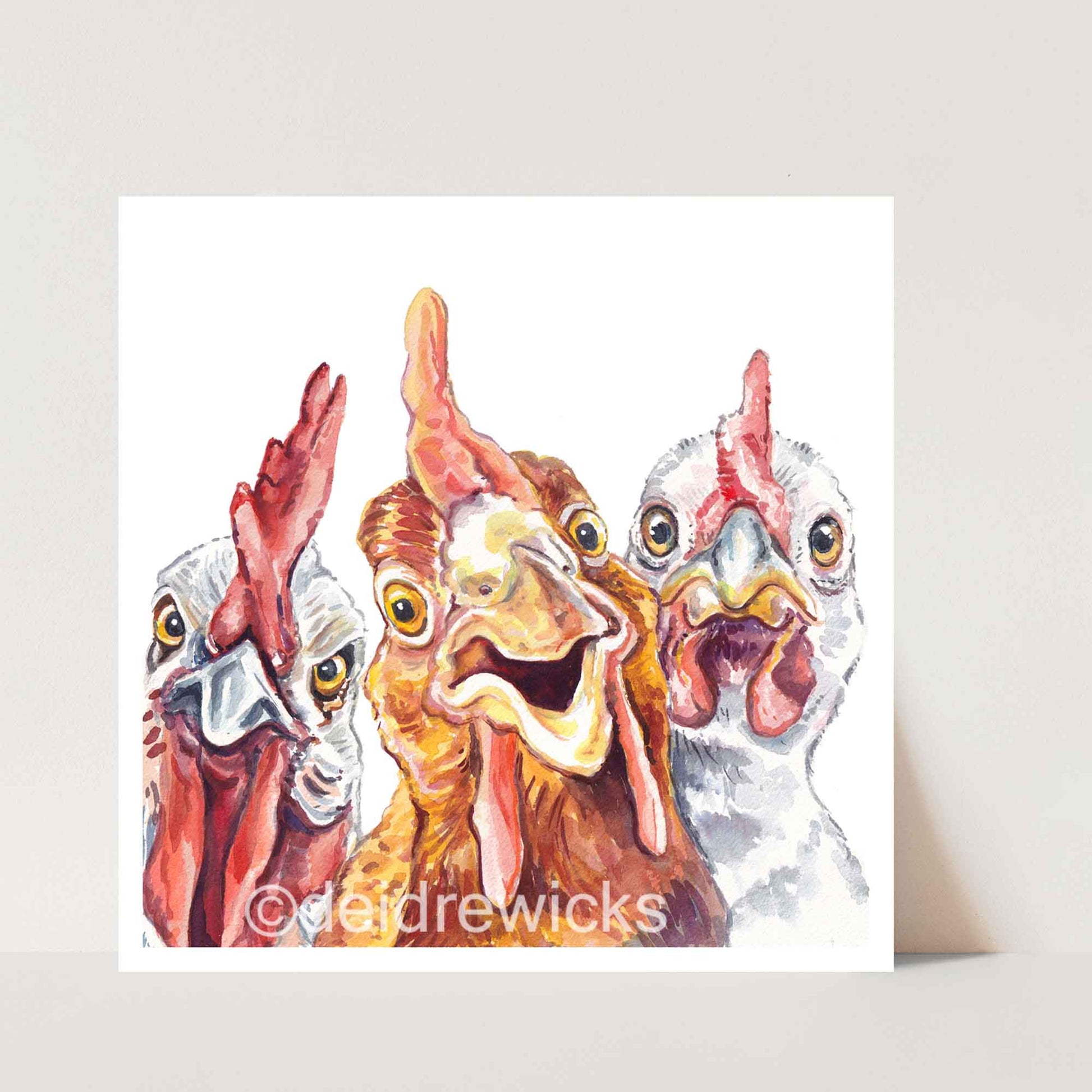 Watercolor print featuring a trio of silly chickens. Art by Deidre Wicks 