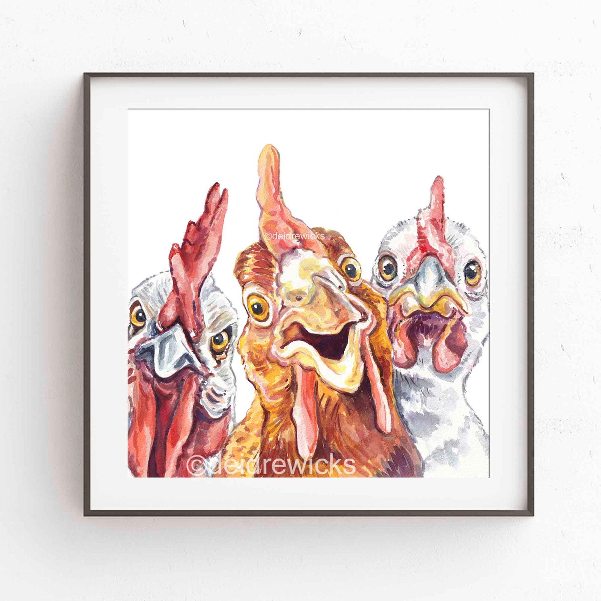 Framed example of a chicken watercolour painting print by Deidre Wicks