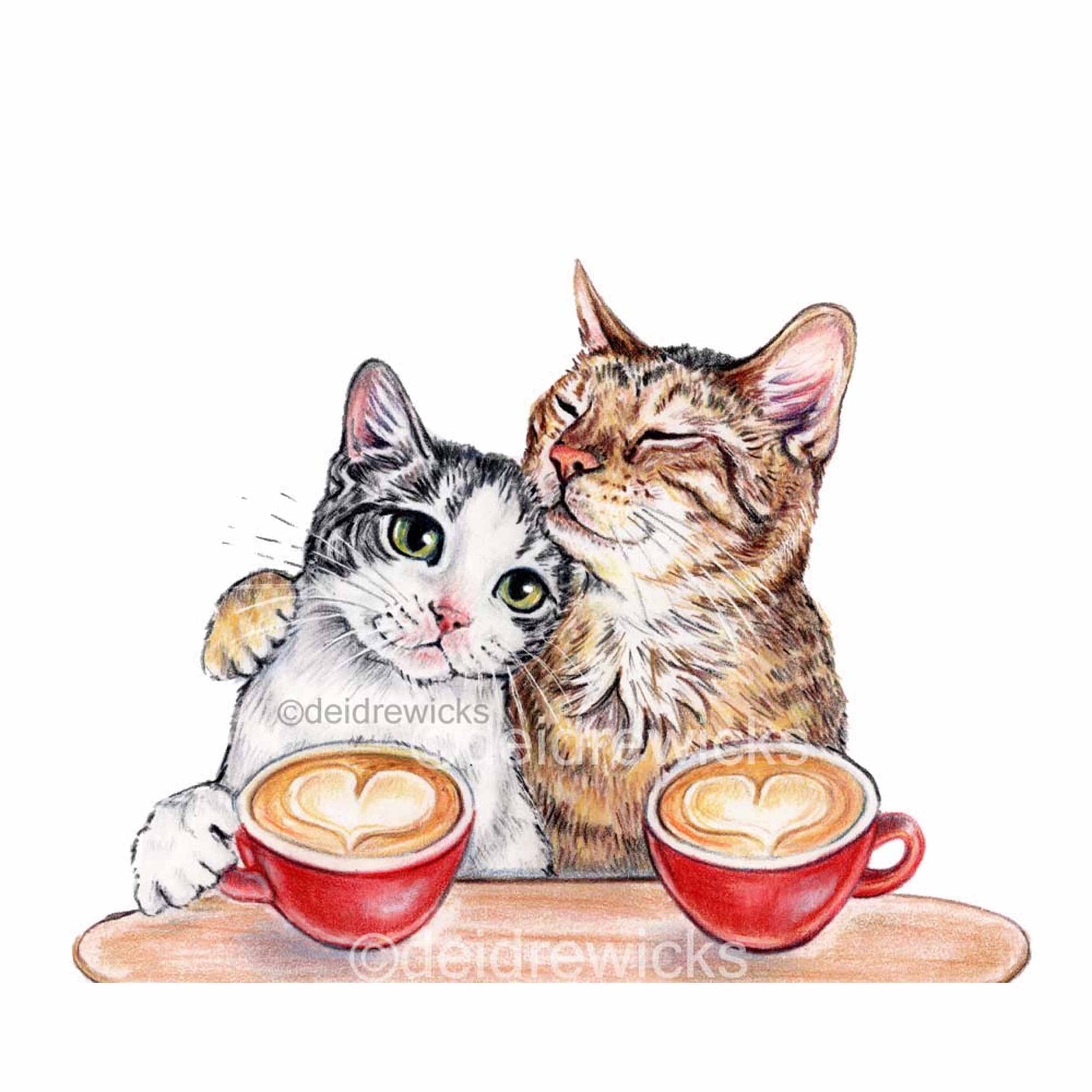 Cats in Love print of a coloured pencil illustration of 2 cats on a coffee date
